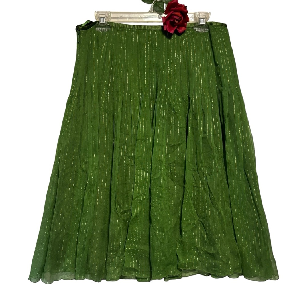 Spenser Jeremy Green Silk Pleated Midi Skirt Gold Metallic Pinstripe Sz 10